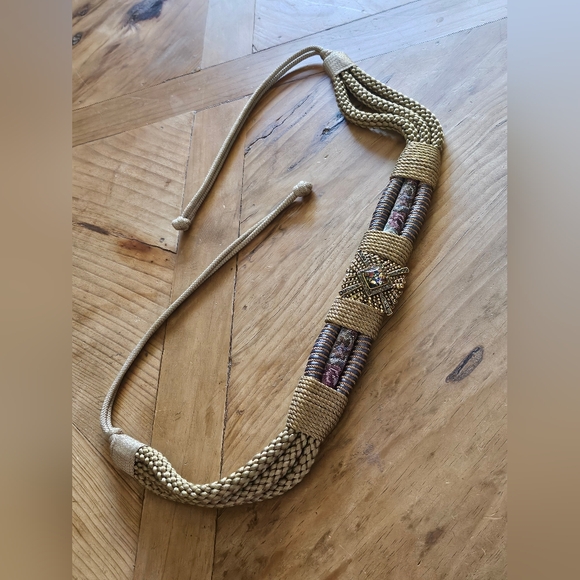 Gorgeous unique braided cord tan and gold tapestry brooch tie waist belt OS - Picture 1 of 8